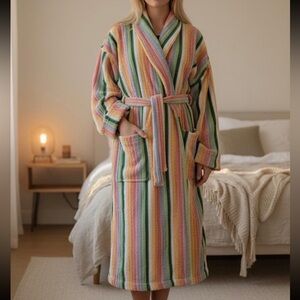 Cozy Pastel Rainbow Striped Terry Robe